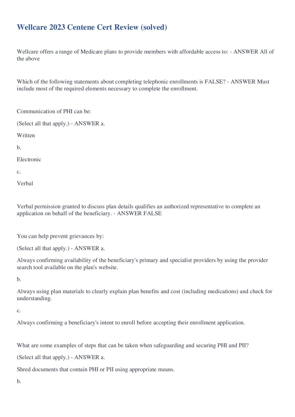 Preview image of Wellcare 2023 Centene Cert Review (solved) document